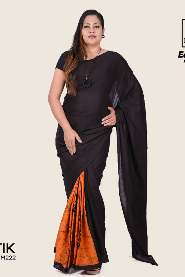 Black And Orange Silk Saree With Floral Digital Printed