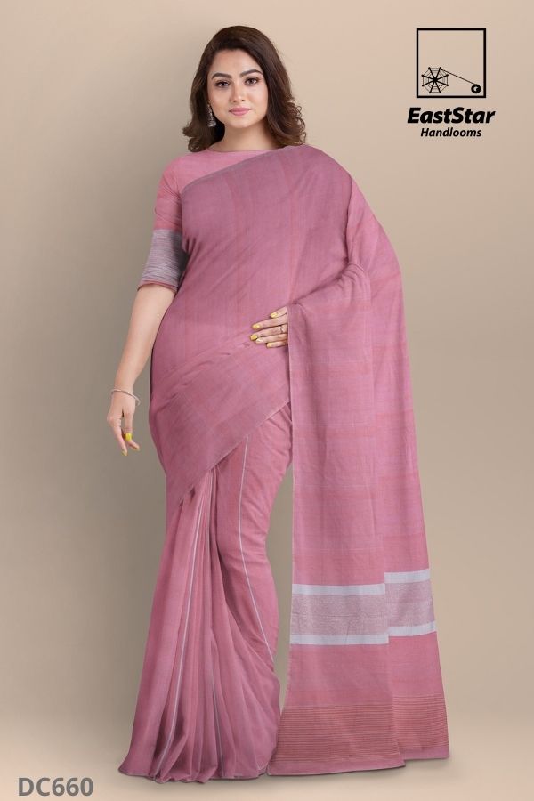 Pink Plain Cotton Saree with Blouse - Loomfolks